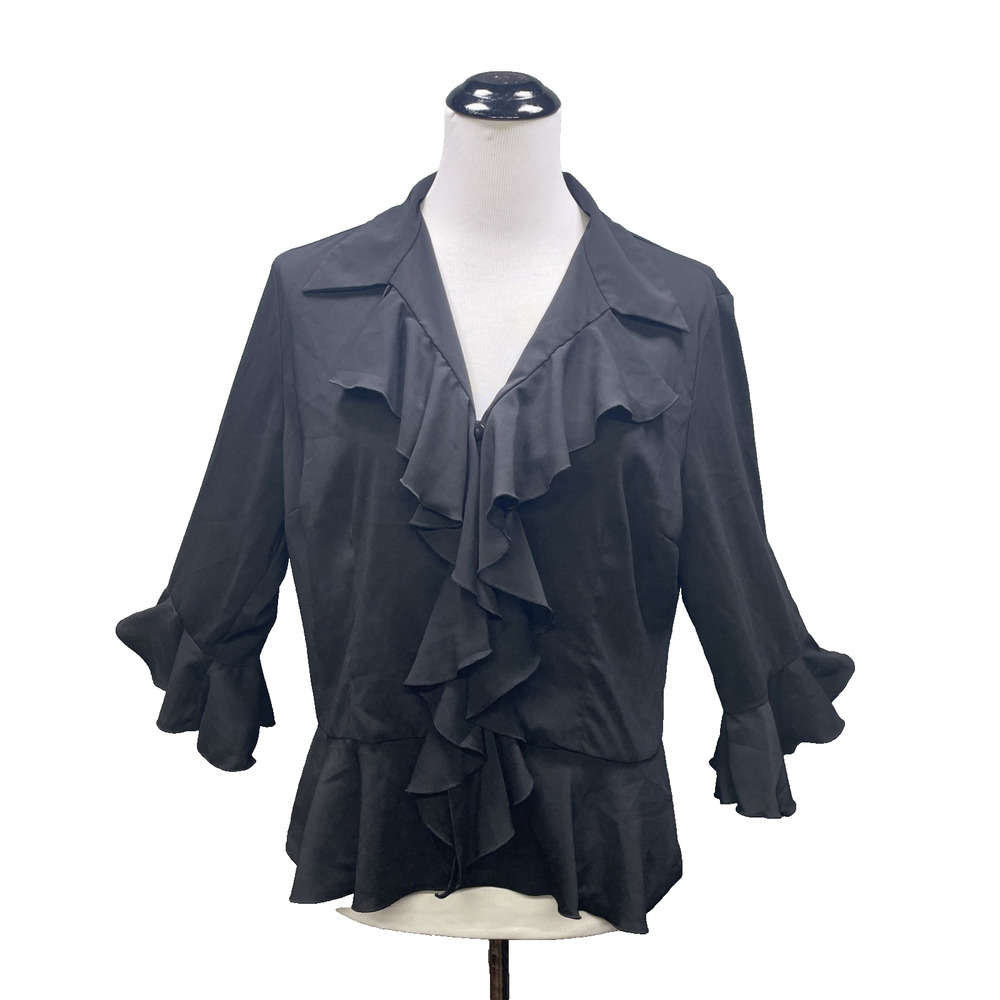 Michele Michelle Sz L Blk Chiffon Ruffle V-Neck Top 3/4 Slv Whitchy Whimsigoth